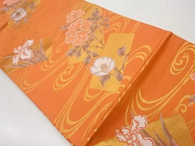 リサイクル　流水に椿・牡丹・菖蒲模様織出し名古屋帯